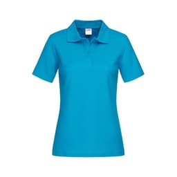A women's heavyweight polo shirt in a vibrant turquoise colour, featuring a collar and short sleeves, with a logo.