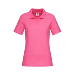 A women's heavyweight polo shirt in bright pink with short sleeves and a classic collar. It features a logo.