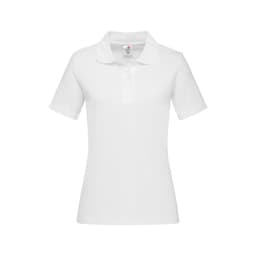 A white women's heavyweight polo shirt with a classic collar. It has short sleeves and features a logo.