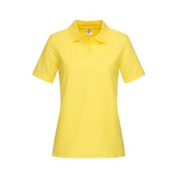 A yellow women's heavyweight polo shirt with a collar and short sleeves, featuring a logo.