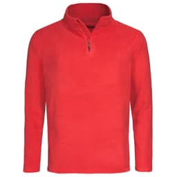 A red fleece half-zip jumper for men, featuring a high collar and long sleeves. It has a logo on it.
