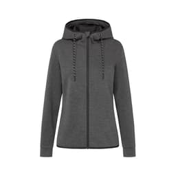 A women's recycled scuba jacket in grey with a hood and drawstring detail, featuring a front zip and a logo.