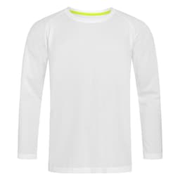 A long sleeve white active shirt with a round neckline and a hint of neon yellow at the collar. It features a logo.