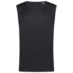 A black sleeveless active shirt with a smooth texture and no visible logos.