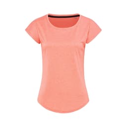 A women's short-sleeve t-shirt in a vibrant coral colour, featuring a subtle striped pattern and a branding logo.