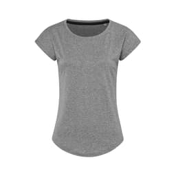 A grey women's recycled sports T-shirt with short sleeves and a rounded hem, featuring a logo.