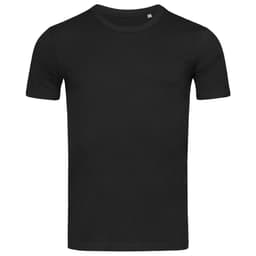 A plain black crew neck t-shirt with short sleeves. The shirt has a small logo on the front.