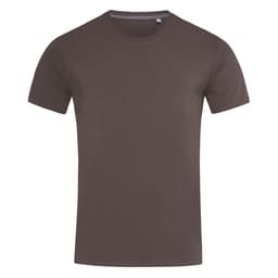 A khaki crew neck t-shirt with short sleeves and a subtle logo detail.