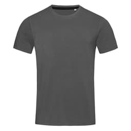 A grey crew neck t-shirt with short sleeves, featuring a subtle logo.