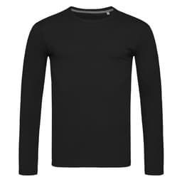 A black long sleeve shirt featuring a crew neck and a simple design. It includes a logo on the garment.