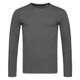 A grey long sleeve t-shirt with a round neckline and a branded label at the collar.