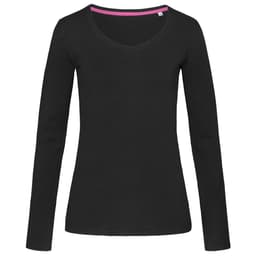 A black women's long sleeve t-shirt featuring a V-neck design and a contrasting inner neckline.