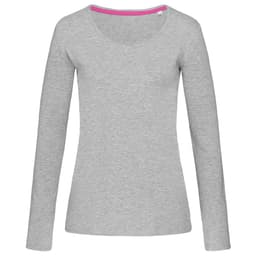 A grey women's long sleeve t-shirt with a V-neck, featuring a contrasting inner neckline and a logo.