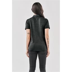 A dark grey women's polo shirt with a short sleeve design, seen from the back. The shirt features a subtle texture.