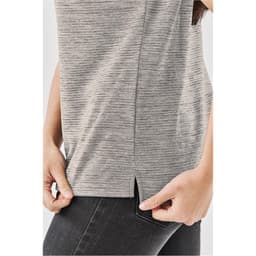 A grey striped polo shirt with a side slit, being held by a person. It features a subtle texture and has a logo.