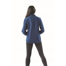 Long sleeve twill shirt in navy blue, featuring a button-up design and a logo. Viewed from the back.