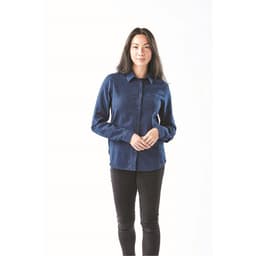 A button-up shirt in navy blue with long sleeves and a collar. It features a logo and is styled on a model.