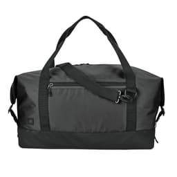 A black duffle bag with dual handles, a detachable shoulder strap, and a zippered front pocket. Features a logo.