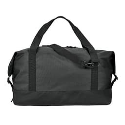 A black duffle bag features dual handles and a detachable shoulder strap, with an adjustable buckle and a branding logo.