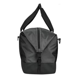 A black duffle bag with a zippered top and adjustable shoulder strap, featuring a logo on the front.