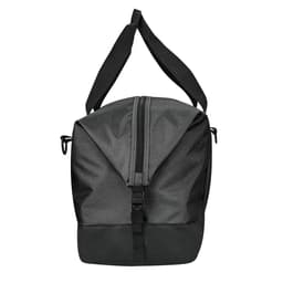 A black duffle bag with a zip closure and two adjustable shoulder straps, featuring a logo.