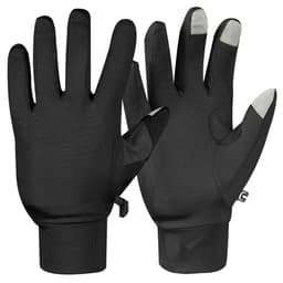 A pair of black fleece gloves featuring touchscreen fingertips and a logo on the wrist.