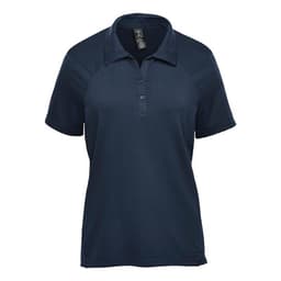 A navy women's polo shirt with short sleeves and a collar. Features a logo on the front.