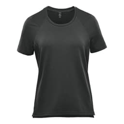 A women's short sleeve tee in dark grey, featuring a simple design and a logo.