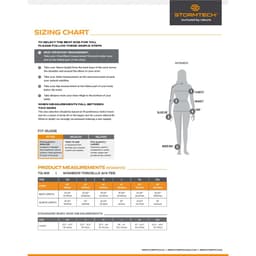 A sizing chart for the Women's Torcello 3/4 Tee, detailing measurements for fit and sizing options. Features a clean layout with logo.