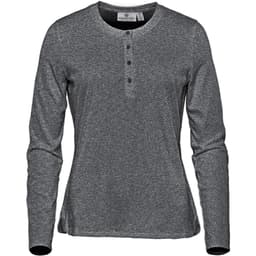 A long-sleeve henley shirt in a dark grey colour with a buttoned placket and a subtle logo.