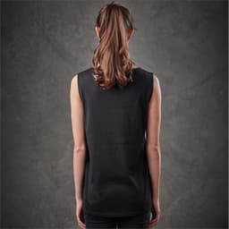 A sleeveless black tank top displayed from the back, featuring a simple design and a fitted silhouette.