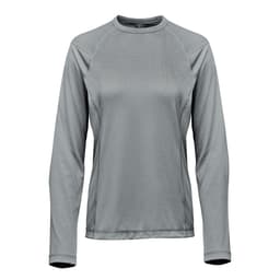 A long-sleeve women's T-shirt in a soft grey colour, featuring a round neckline and subtle branding.