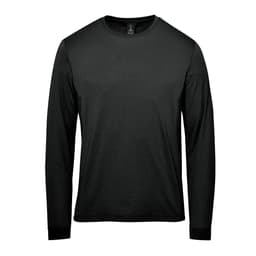 A long-sleeve black t-shirt with a round neckline and a simple design. It features a logo on the label.