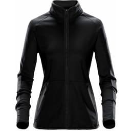 A black women's polar fleece jacket featuring a zip front and zippered pockets, with a branding logo on it.