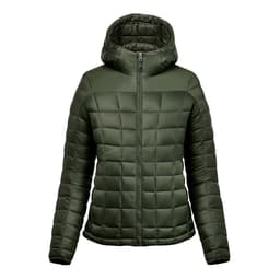 A women's puffer jacket in olive green with a zip front and a hood, featuring a quilted design. It has a logo on the side.