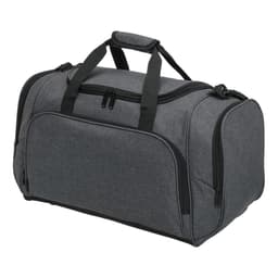 A grey duffle bag with dual handles and a shoulder strap, featuring multiple compartments and a logo.