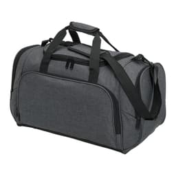 A grey duffle bag with dual handles and a removable shoulder strap, featuring a zippered compartment.