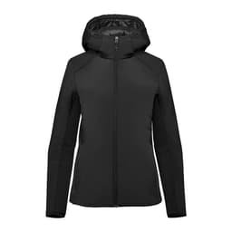 A black women's puffer jacket with a hood, featuring a sleek design and a logo on the front.