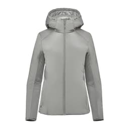 A grey Women's Cascadia Thermal Jacket with a hood and zipper, featuring a logo on the chest.