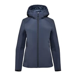 A women's puffer jacket in navy blue with a hood and front zip closure. It features a sleek design and has a logo.