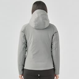 A women's grey puffer jacket with a hood, featuring a fitted design and visible stitching details on the back.