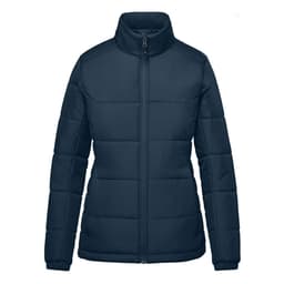 A women's puffer jacket in navy blue, featuring a zip-up front and high collar. It has a logo on it.