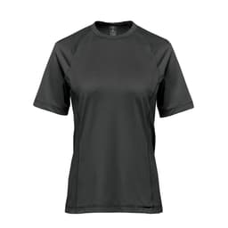 A women's short-sleeve t-shirt in dark green, featuring a logo on the front.