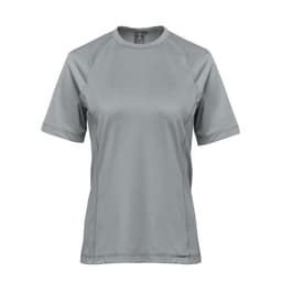 A short-sleeved women's T-shirt in a light green shade, featuring a logo on the front.