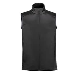 A black thermal vest with a stand-up collar and zip front, featuring shoulder panels and a simple design.