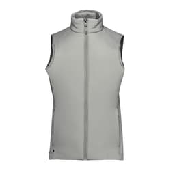 A light grey women's thermal vest with a high collar and front zip, featuring a branding logo.