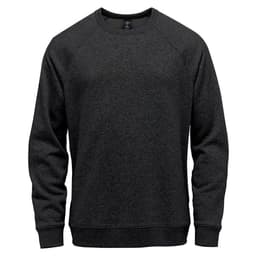 A men's crew neck sweater in dark grey with a simple design and a logo on the chest.