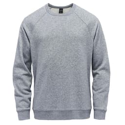 A grey crew neck sweater featuring long sleeves and a relaxed fit, with a logo on the label.
