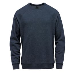 A navy blue fleece crew neck sweater with raglan sleeves and a logo on the front.