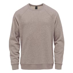 A light brown men's fleece crew neck sweater featuring raglan sleeves and a logo.